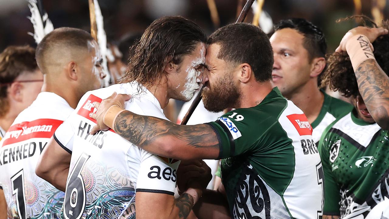 Nicho Hynes and Kenny Bromwich exchange greetings before the Indigenous and Maori All Stars match. Picture:Mark Kolbe/Getty Images