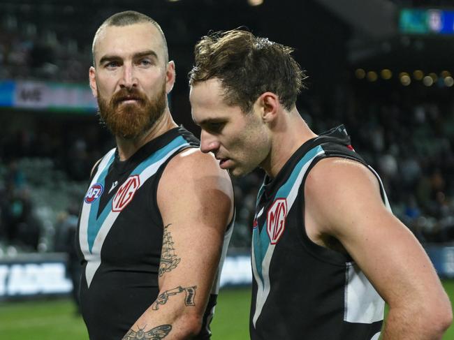 ADELAIDE, AUSTRALIA - JULY 22: Charlie Dixon and Jeremy Finlayson of Port Adelaide dejected after the round 19 AFL match between Port Adelaide Power and Collingwood Magpies at Adelaide Oval, on July 22, 2023, in Adelaide, Australia. (Photo by Mark Brake/Getty Images)