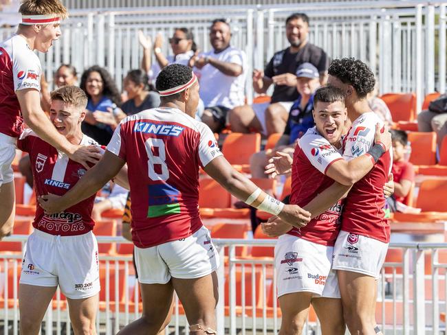 Jayden Alefaio scores in the Meninga Cup under 18 rugby league grand final between Redcliffe Dolphins and Townsville Blackhawks, Sunday, April 23, 2023 - Picture: Richard Walker