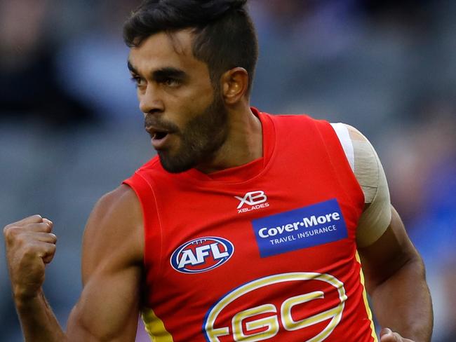 MELBOURNE, AUSTRALIA - APRIL 07: Jack Martin of the Suns celebrates a goal during the 2019 AFL round 03 match between the Western Bulldogs and the Gold Coast Suns at Marvel Stadium on April 07, 2019 in Melbourne, Australia. (Photo by Michael Willson/AFL Photos/Getty Images)