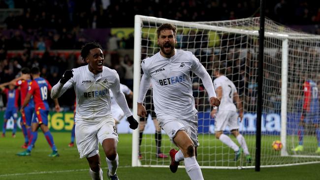 Fernando Llorente of Swansea City celebrates scoring.