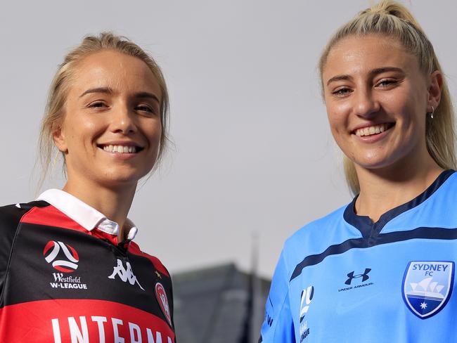 SYDNEY, AUSTRALIA - DECEMBER 14: Georgia Yeoman Dale of Western Sydney Wanderers poses with Remy Siemsen of Sydney FC during the Fox Sports A League season Launch at Darling Harbour on December 14, 2020 in Sydney, Australia. (Photo by Mark Evans/Getty Images)