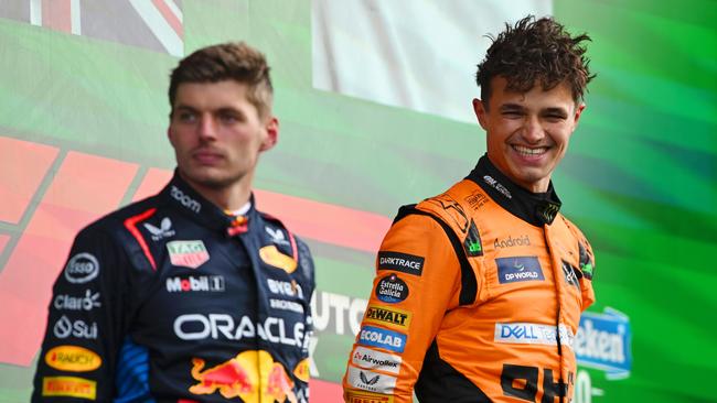 McLaren’s race winner Lando Norris and second placed Max Verstappen after the Dutch Grand Prix. (Photo by Rudy Carezzevoli/Getty Images)