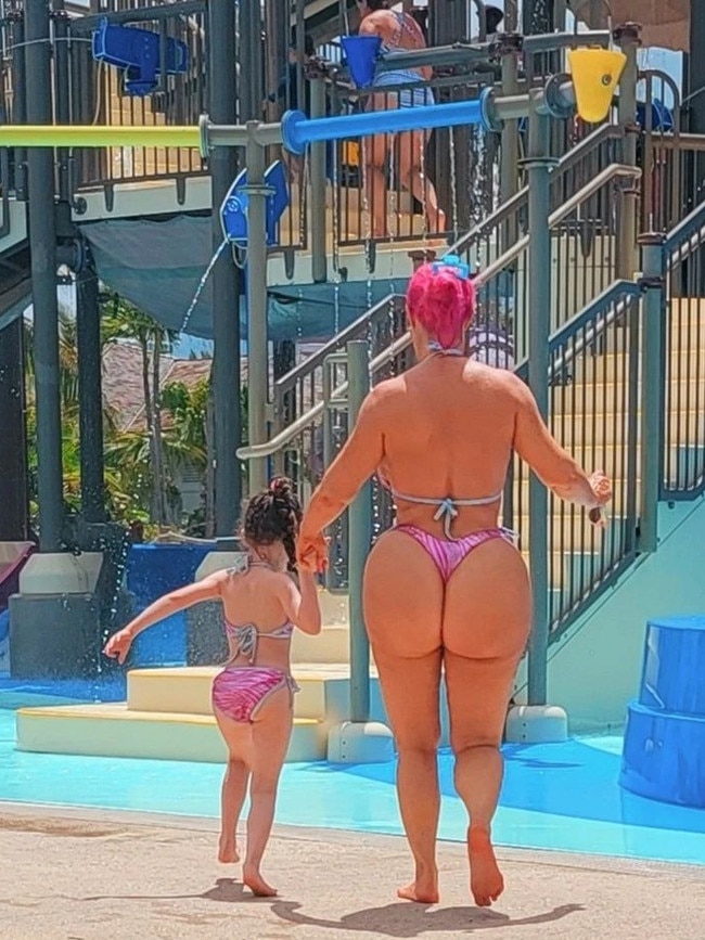 But the mother’s had G-string bottoms which many deemed ‘inappropriate’ for a water park. Picture: Instagram/CocoAustin