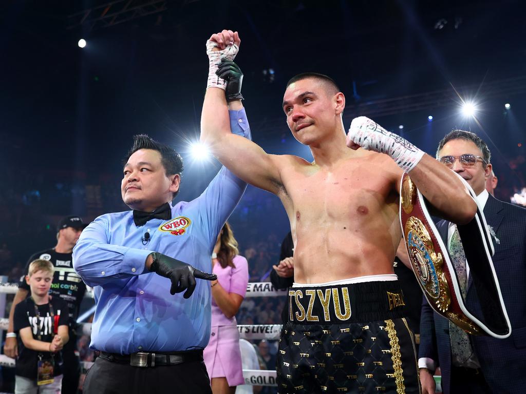 Tim Tszyu celebrates victory over Carlos Ocampo during the WBO Iterim Super-Welterwight title bout at Gold Coast Convention and Entertainment Centre. Picture: Chris Hyde/Getty Images.