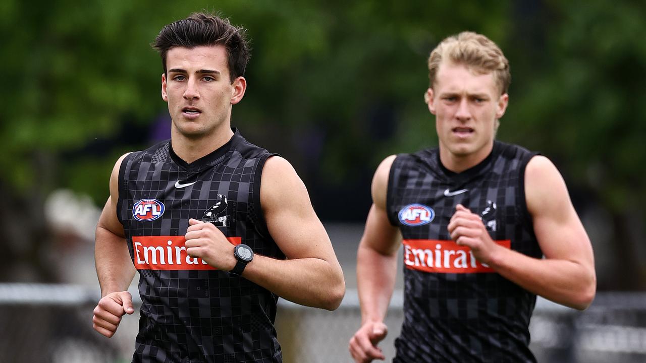 Collingwood’s Nick Daicos leads the time trial at training. Picture by Michael Klein