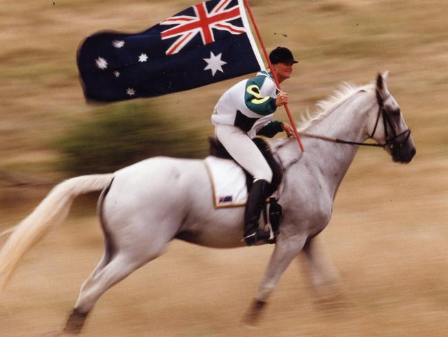 A triumphant Gillian Rolton riding Peppermint Grove. She won gold medal at the Barcelona Olympic Games. She went on to receive an Order of Australia medal.