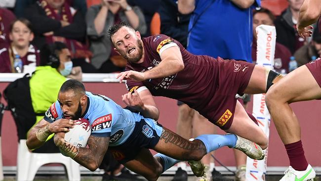 Blues winger Josh Addo-Carr crashes over for his second try at Suncorp Stadium Picture: Getty Images