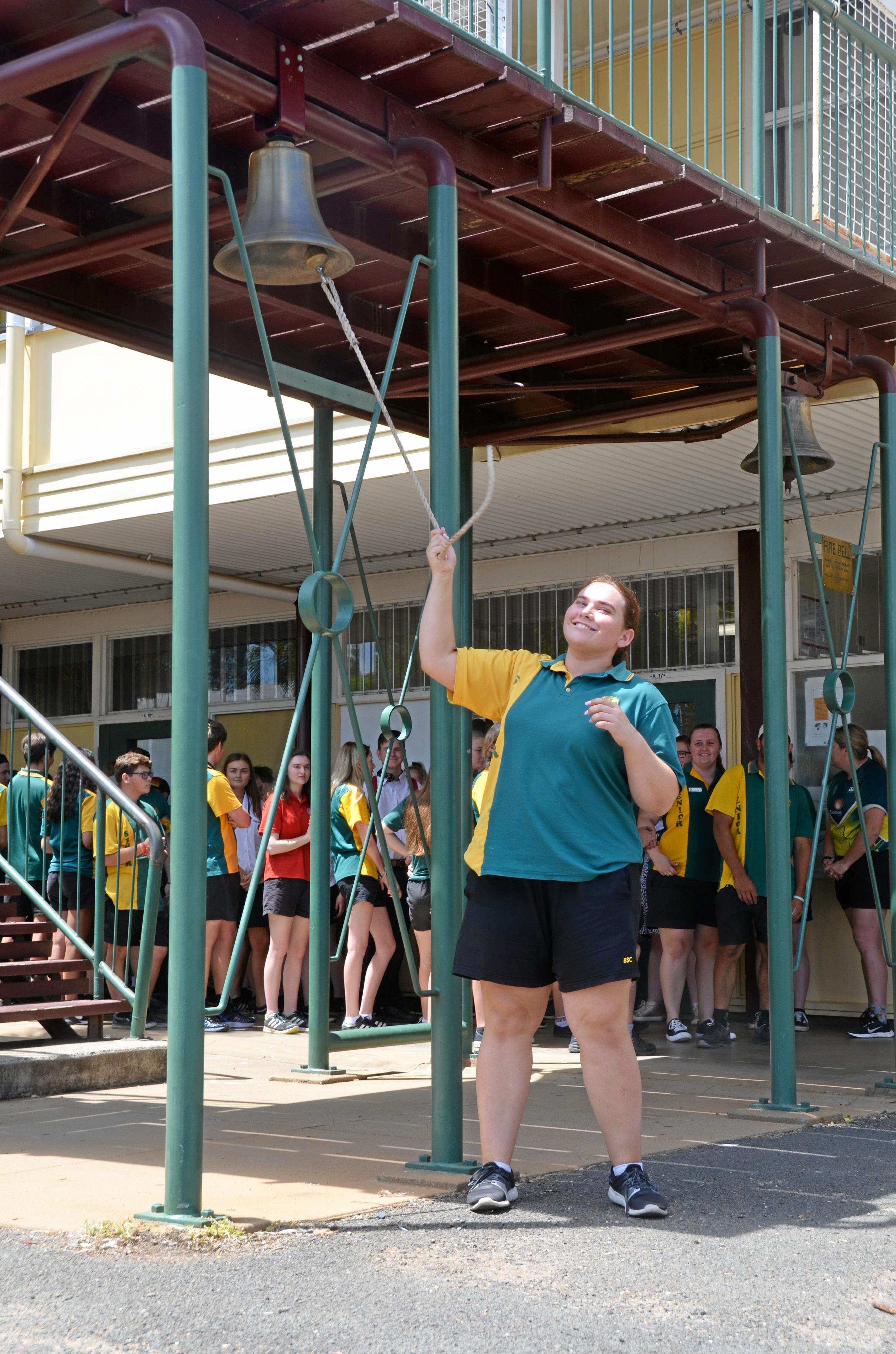 Burnett State College had 39 Year 12 graduates ring the school bell before they walked out the gates as students for the last time. Picture: Felicity Ripper