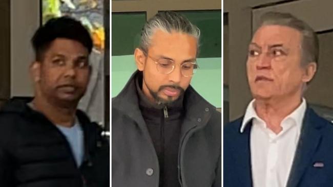 Joseph Deepak (left), Colin Charles (middle) and Shams Rehman (right) face Melbourne Magistrates’ Court charged over an alleged BDSM gang rape of a woman.