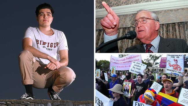 Student activist Drew Pavlou (left), former Queensland Premier Sir Joh Bjelke-Petersen (top right) and anti-China protesters make their feelings known during a protest at the University of Queensland.