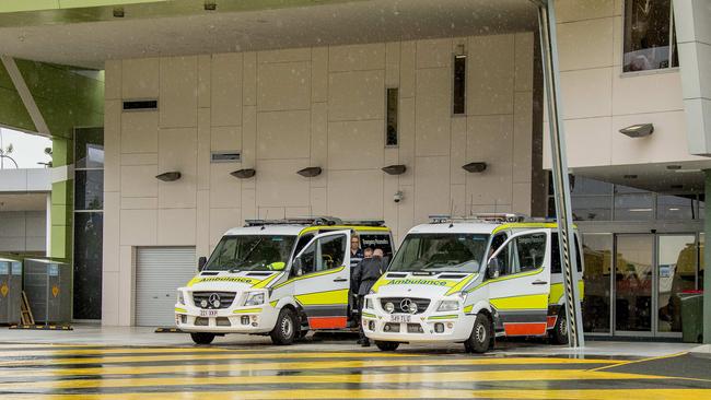 Ambulances parked at the Robina Hospital after ramping. Picture: Jerad Williams