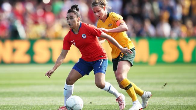 Chile’s Maria Jose Rojas is challenged by Australia’s Elise Kellond-Knight during the international friendly at Panthers Stadium in Penrith. Picture: Matt King/Getty Images