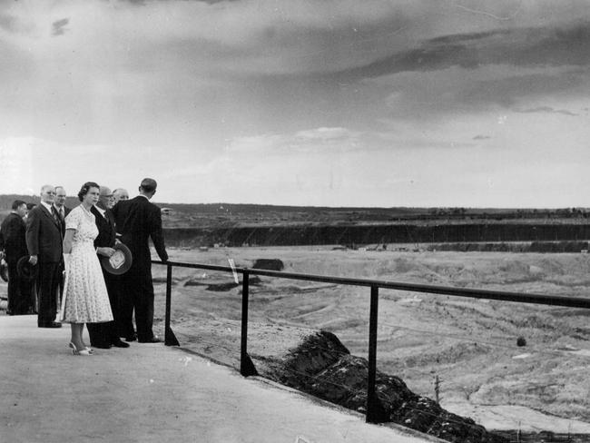 Queen Elizabeth II and the Duke of Edinburgh inspecting the open-cut coal mine at Yallourn in 1954. Picture: State Electricity Commission