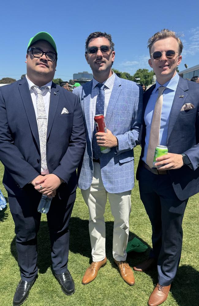 Elijah Wells, Zac Piastrella and Josh Imms at the Melbourne Cup at Flemington Racecourse on November 5, 2024. Picture: Phillippa Butt