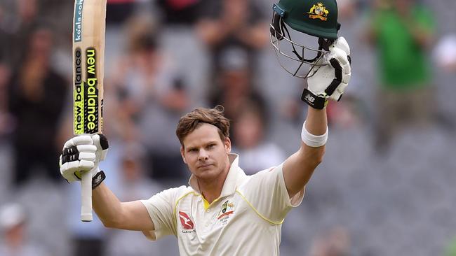 Steve Smith celebrates bringing up his century in the Boxing Day Test in the summer’s Ashes series.