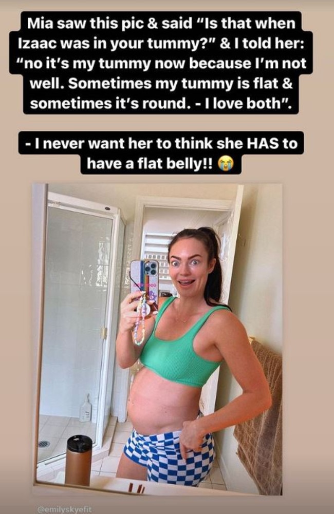 The mother-of-two, who has been battling a ‘bad flu’ shared another post about how her little girl commented on her body. Picture: Instagram/EmilySkye