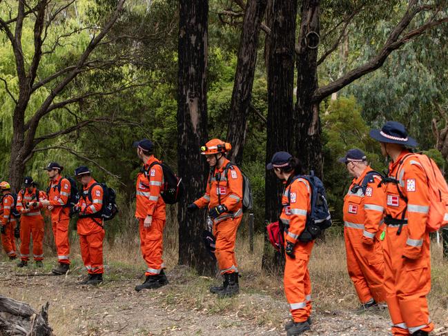 BALLARAT, AUSTRALIA - NCA NewsWire Photos - 7 FEBRUARY 2024: SES personnel search for clues in a forest near Samantha MurphyÃs house in Ballarat. A large-scale search is underway for a Ballarat East woman who has been missing since early Sunday morning. Police are appealing for help finding 51-year-old Samantha Murphy, last seen leaving her Eureka St for a run in Canadian State Forest at about 7am on Sunday. On Monday, Officers and SES volunteers searched the state forest behind Buninyong Golf Club. Picture: NCA NewsWire / Diego Fedele