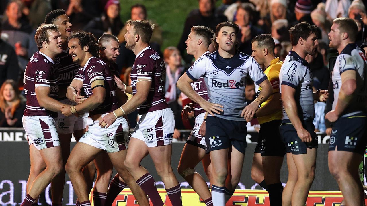 Manly stunned the Storm with an impressive first half at Four Pines Park. Picture: Cameron Spencer/Getty Images