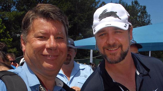 Was there anyone he didn’t know in Coffs Harbour? Frank Redward poses with famous local and superstar actor Russell Crowe. Picture: Supplied