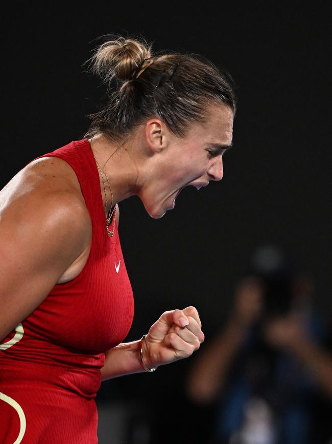 Belarus' Aryna Sabalenka reacts to winning a point in the first set against Coco Gauff. Picture: William West / AFP.