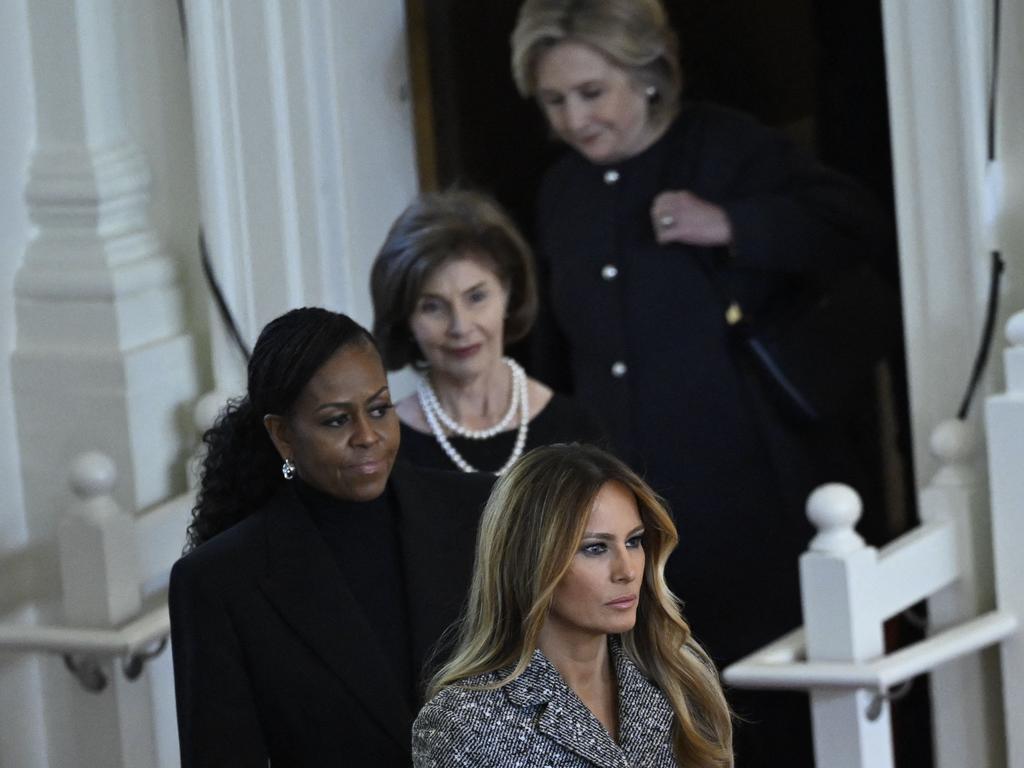 Former US Secretary of State Hillary Clinton, former US First Lady Laura Bush, former US First Lady Michelle Obama, and former US First Lady Melania Trump arrive for a tribute service for former US First Lady Rosalynn Carter. Picture: AFP