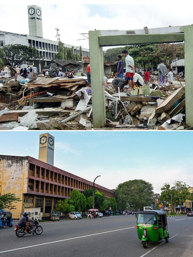 People searching through rubble of buildings destroyed in the December 26, 2004 tsunami in Galle on December 29, 2004 (top) and a three-wheeled taxi driving past the same area on December 1, 2024. Picture: Raveendran and Ishara S. Kodikara/AFP