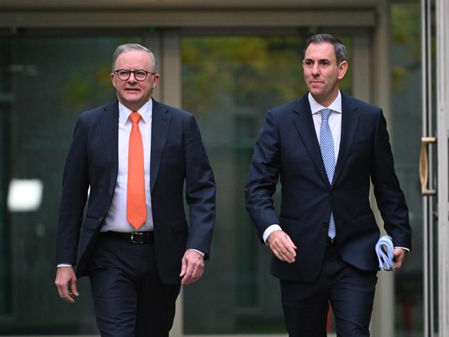 CANBERRA, AUSTRALIA - MAY 15: Prime Minister of Australia, Anthony Albanese and Treasurer of Australia, the Hon Dr Jim Chalmers MP (R) arrive for post budget media interviews at Parliament House on May 15, 2024 in Canberra, Australia. Australia's Labor government is grappling with a slowing economy, weaker commodity prices, soaring housing costs and a softening labor market. It unveiled its federal budget on May 14. The budget is seen as a key opportunity for the Labor government to deliver broad economic support that analysts say is fundamental to re-election chances next year. (Photo by Tracey Nearmy/Getty Images)