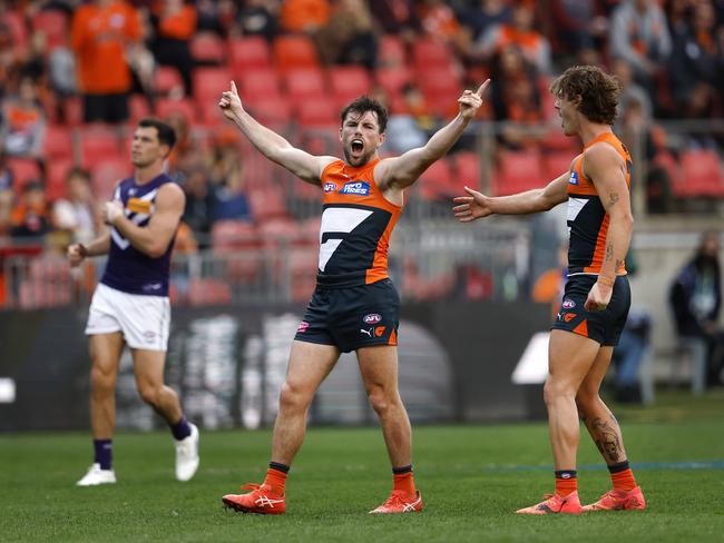 Giants Brent Daniels celebrates kicking a goal during the AFL Round 23 match between the GWS Giants and Fremantle Dockers at Engie Stadium on August 17, 2024. Photo by Phil Hillyard (Image Supplied for Editorial Use only - **NO ON SALES** - Â©Phil Hillyard )