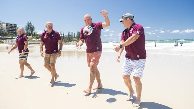 The Maroons legends had some fun during the shoot. Picture: Lachie Millard