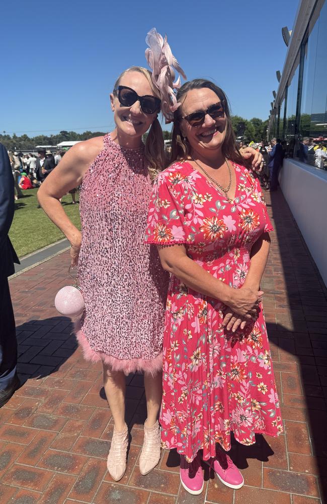 Cate and Portia Puschmann at the Melbourne Cup at Flemington Racecourse on November 5, 2024. Picture: Phillippa Butt