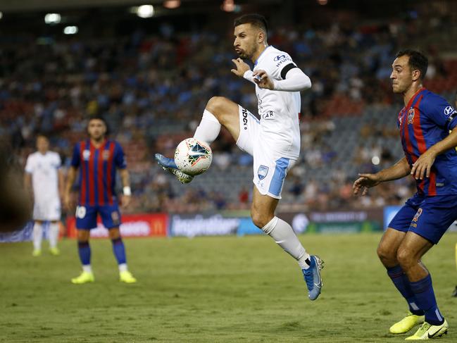 Kosta Barbarouses of Sydney FC during the Round 14 A-League match between the Newcastle Jets and Sydney FC at McDonald Jones Stadium in Newcastle, Friday, January 10, 2020. (AAP Image/Darren Pateman) NO ARCHIVING, EDITORIAL USE ONLY