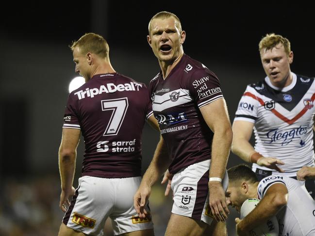 MACKAY, AUSTRALIA - SEPTEMBER 17:  Tom Trbojevic of the Sea Eagles reacts during the NRL Semi-Final match between the Manly Sea Eagles and the Sydney Roosters at BB Print Stadium on September 17, 2021 in Mackay, Australia. (Photo by Matt Roberts/Getty Images)