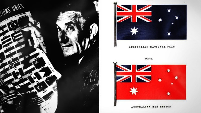 Ivor Evans, the flag designer, pictured in later life and, right, the Australian national flag and Red Ensign in 1953. Picture: Trove