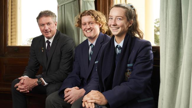 Principal, Steve Byrne with year 12 students, Charlie Jones, 17, and Demi Lovelock, 17 at Sacred Heart College. Picture: Matt Loxton