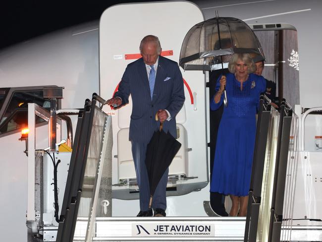 SYDNEY, AUSTRALIA - OCTOBER 18: King Charles III And Queen Camilla arrive at Sydney Airport for their official welcome on October 18, 2024 in Sydney, Australia. The King's visit to Australia will be his first as Monarch, and CHOGM in Samoa will be his first as Head of the Commonwealth. (Photo by Chris Jackson/Getty Images)