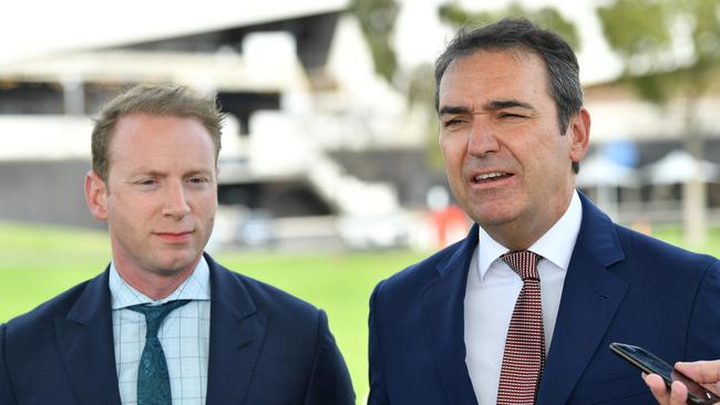 Troubleshooter: Environment and Water Minister David Speirs (left) with Premier Steven Marshall. Picture: AAP / David Mariuz