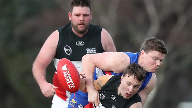 SFL. Riley Triffett New Norfolk and James McIndoe Huonville Lions. Huonville Lions V New Norfolk. Picture: Nikki Davis-Jones