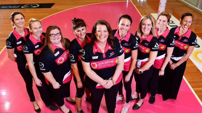 Adelaide Thunderbirds coaching team, from left, Olivia Warnes, Kristie Sheridan, Deborah Kassing, Cathy Fellows, Tania Obst, Natalie von Bertouch, Kath Chigwidden, Verity Cooper and Melody Cooper at Priceline Stadium in November. Picture: AAP/Mark Brake
