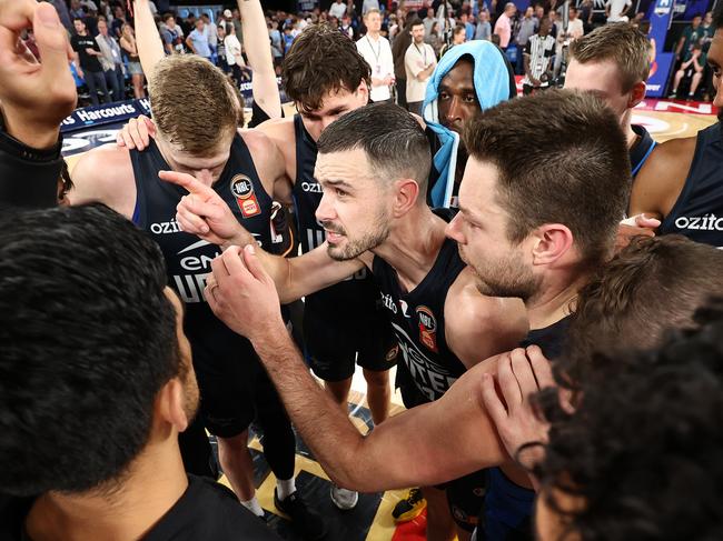 MELBOURNE, AUSTRALIA - MARCH 19: Chris Goulding of United speaks to team mates during game four of the NBL Grand Final Series between Melbourne United and Illawarra Hawks at John Cain Arena on March 19, 2025, in Melbourne, Australia. (Photo by Graham Denholm/Getty Images)