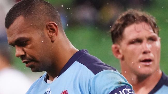 Kurtley Beal (left) and Michael Hooper of the Waratahs react following the Round 3 Super Rugby match between the Melbourne Rebels and NSW Waratahs at AAMI Park in Melbourne, Friday, February 14, 2020. (AAP Image/Scott Barbour) NO ARCHIVING, EDITORIAL USE ONLY
