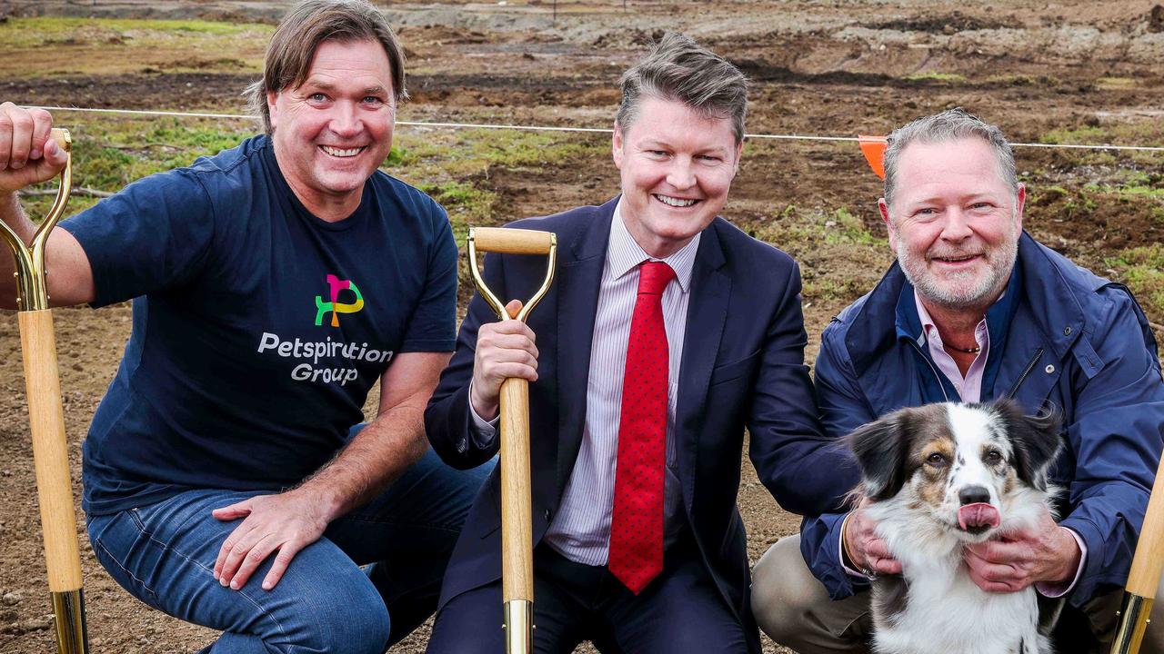 Minister for Industry support and recovery Ben Carrol with David Fox from Avalon Airport and Shane Young from the Petspiration Group at the new 32,000sq m Petspiration Group regional office. Picture: Supplied