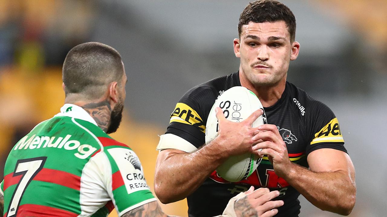 BRISBANE, AUSTRALIA - AUGUST 20: Nathan Cleary of the Panthers is tackled by Adam Reynolds of the Rabbitohs during the round 23 NRL match between the Penrith Panthers and the South Sydney Rabbitohs at Suncorp Stadium, on August 20, 2021, in Brisbane, Australia. (Photo by Chris Hyde/Getty Images)