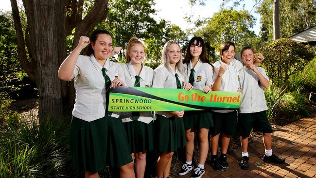 Springwood State High School students who have boxing sessions with fighter Jeff Horn include Lily Ryan, Liberty Procopis, Chaneya Borchardt, Erin Alice, Kaleb Stehr, and Thor Waters. Picture: Peter Cronin