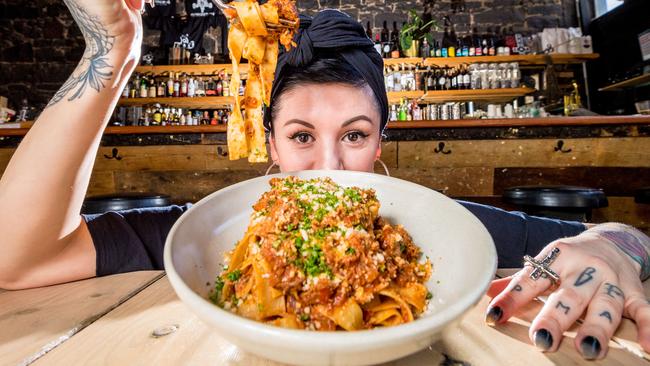 Vegan slow braised ‘beef’ (made from mushrooms) ragu on pappardelle. Picture: Jake Nowakowski