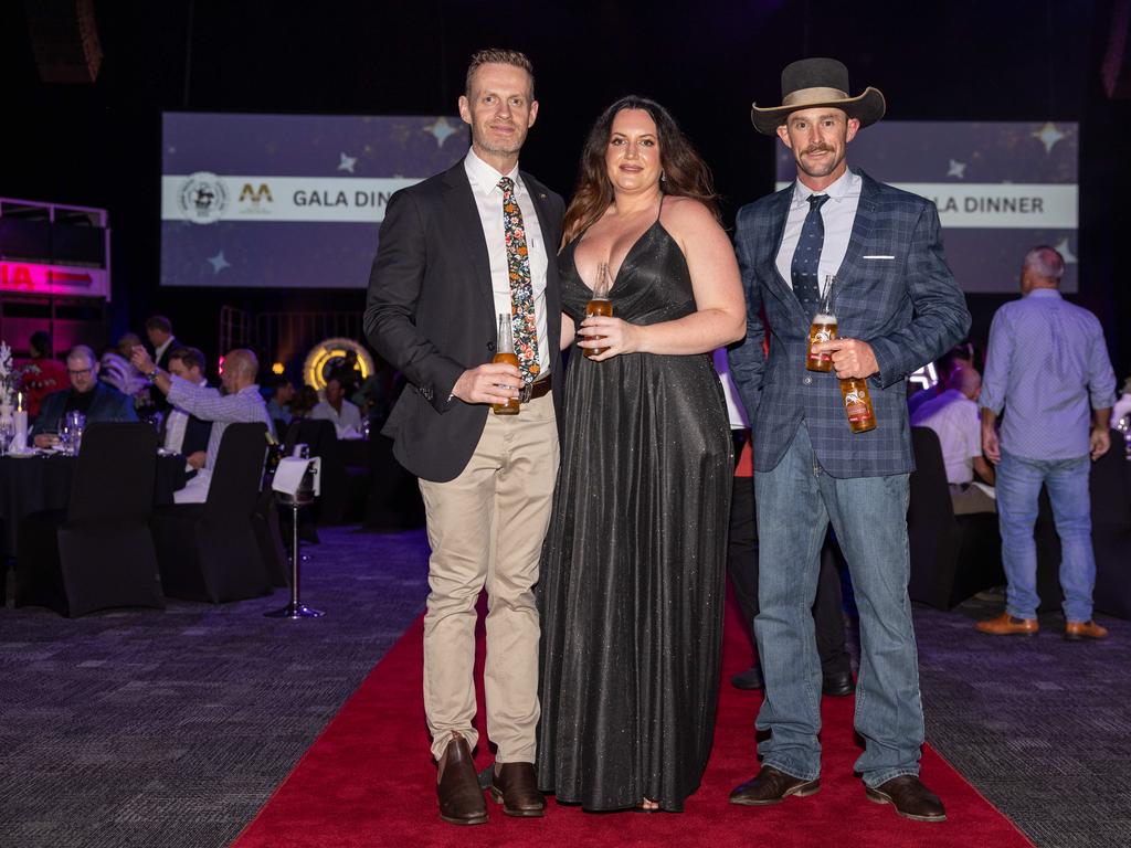 Aaron Wakeley, Natasha Waters and Rick Morrison at the 2025 NTCA and AACo Gala Dinner at the Darwin Convention Centre. Picture: Pema Tamang Pakhrin