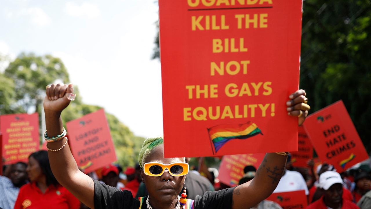 Ugandan Queer activist Papa De raises a fist outside the Uganda High Commission during a picket against the country’s anti-homosexuality bill in Pretoria, South Africa on April 4, 2023. Picture: Phill Magakoe/AFP