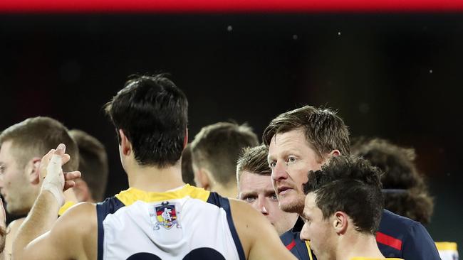 SANFL – QUALIFYING FINAL – Port Adelaide Magpies v Adelaide Crows at Adelaide Oval. Ben Hart at 3 quarter time talking to Darcy Fogarty Picture SARAH REED