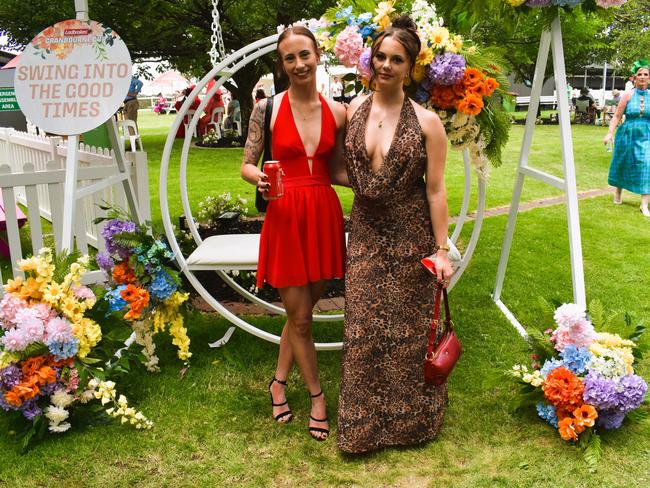 Angela Mann and Ashley Dawson enjoying all the action at the Ladbrokes Cranbourne Cup on Saturday, November 23, 2024. Picture: Jack Colantuono