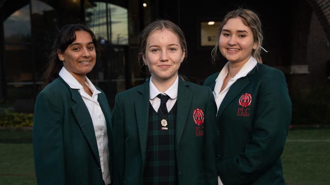 Stephanie Pholi, Jasmine Slade and Juanita Lake at Presbyterian Ladies College in Croydon, Sydney. Picture: James Gourley